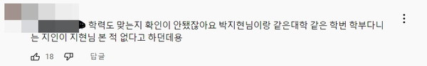 사진=박지현 유튜브 댓글 캡처