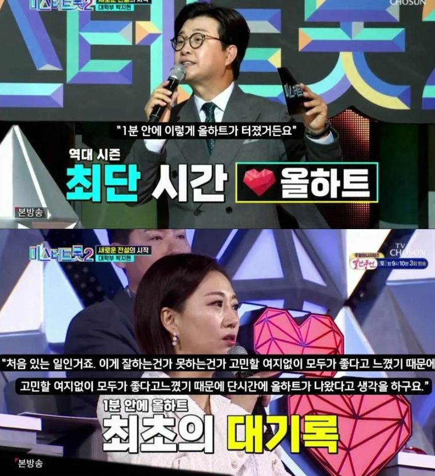 미스터 트롯 2 박서진이 역대 최단 시간 올하트를 받아, 장윤정이 코멘트를 하는 장면이다/  TV 조선 ‘미스터 트롯2’