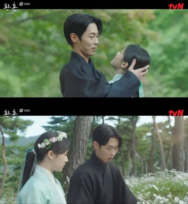 최종화에서 서로 사랑을 확인하는 장욱(이재욱)과 조영(고윤정) / tvN '환혼 2' 방송 캡처