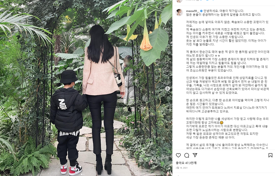 야옹이작가가 당시 '싱글맘'을 고백했던 글/사진=야옹이작가 인스타그램 제공